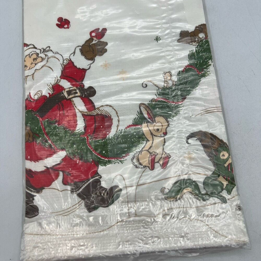 Hallmark Christmas Santa Reindeer Forest Woodland Animals Paper Tablecloth 44"